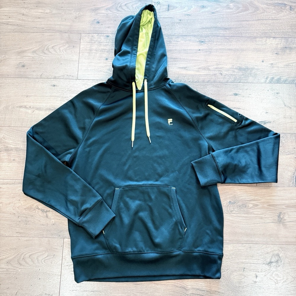 Fila Sport Men's Black Hoodie Neon Green Trim Sz Medium M Hooded Sweatshirt